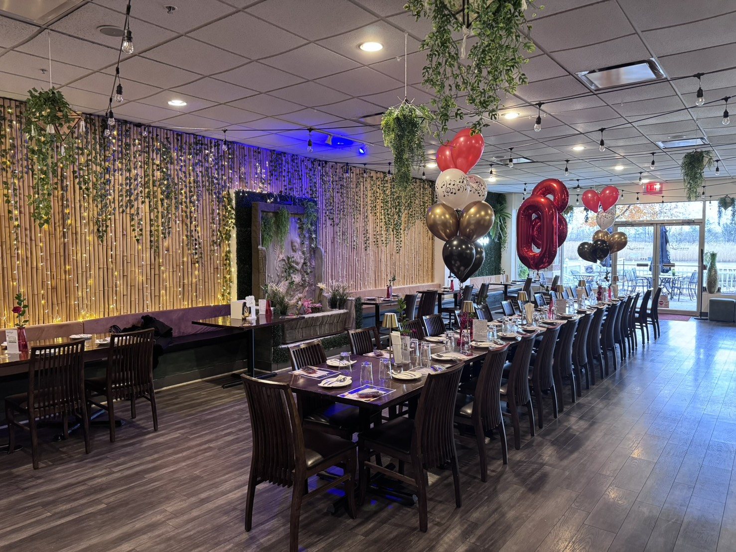 Decorated tables with balloons and florals