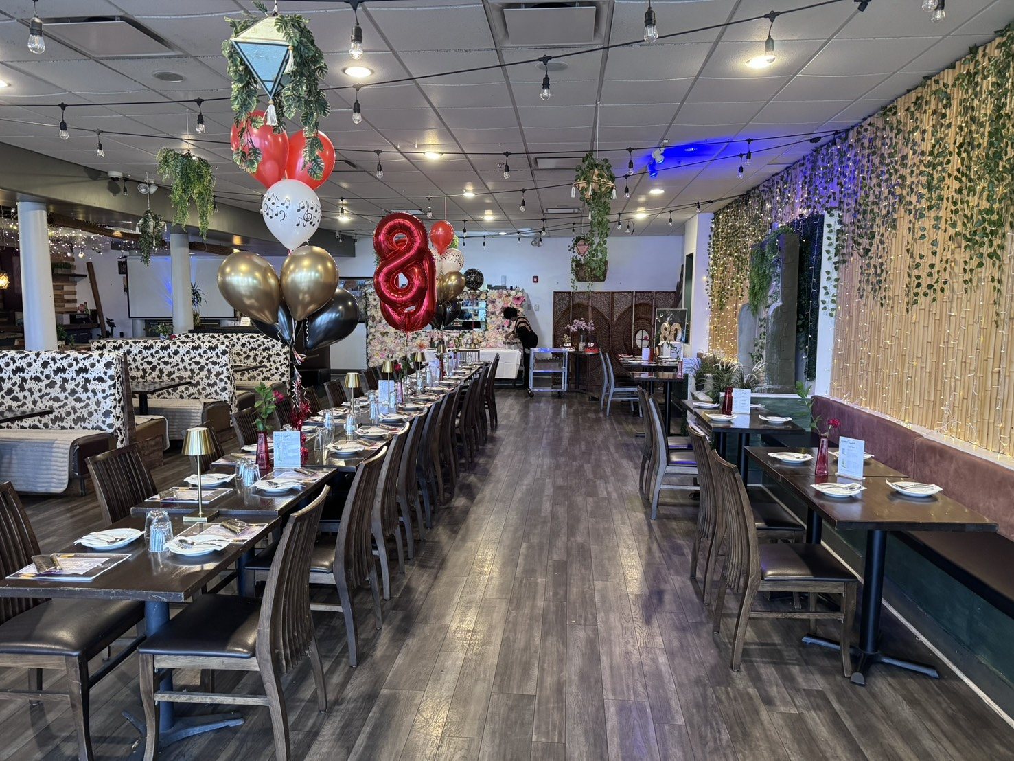 Festive dining room under warm lights